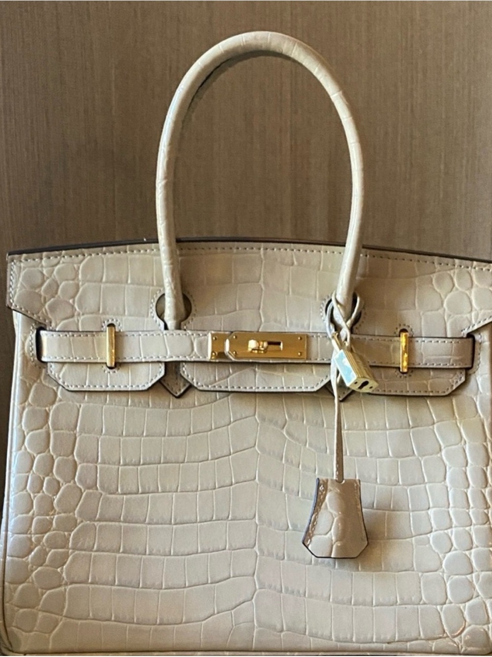 Cream CrocodileEmbossed Top-Handle Satchel Birkin 30cm